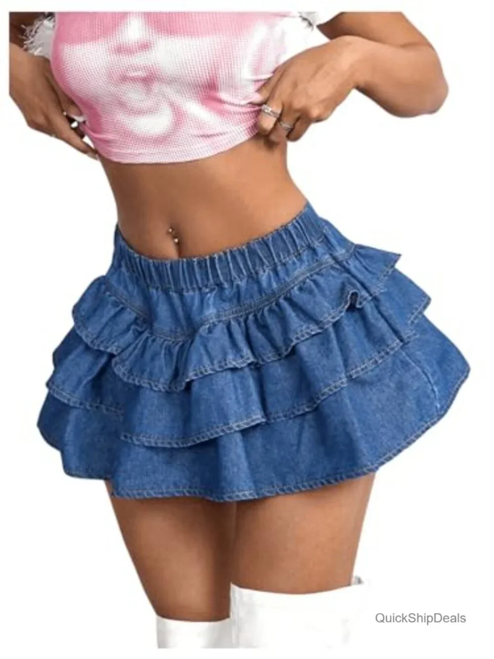 Y2K Drop Waist Denim Mini Skirt Ruffle Hem A-Line Low Rise